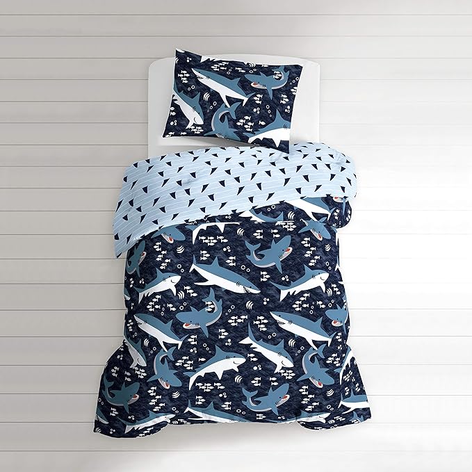 Dream Factory Sharks Boys Full Queen Size Boys Bedding Set Cotton Kids Comforter Set with Sham, 3 Piece, Full/Queen, Navy - LeafyLoom