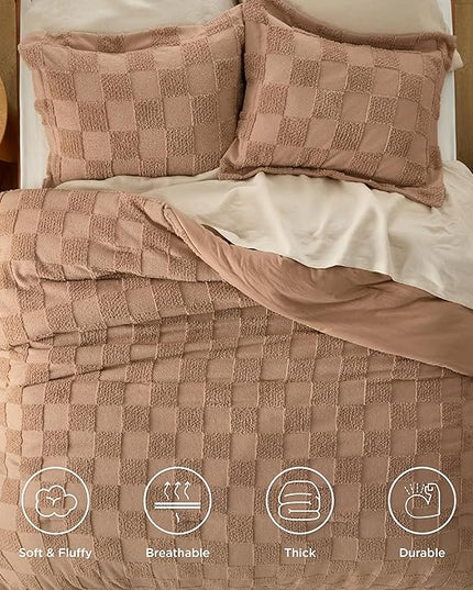 Bedsure Queen Size Comforter Set Taupe, Boho Tufted Bedding Comforter Set, Checkered Farmhouse Shabby Chic Bed Set, 3 Pieces, 1 Plaid Geometric Comforter and 2 Pillow Shams - LeafyLoom