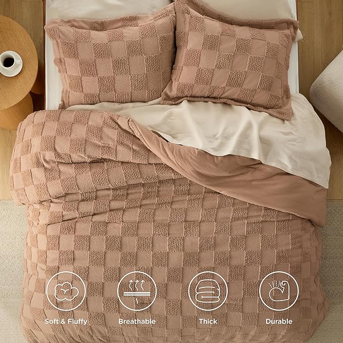 Bedsure Queen Size Comforter Set Taupe, Boho Tufted Bedding Comforter Set, Checkered Farmhouse Shabby Chic Bed Set, 3 Pieces, 1 Plaid Geometric Comforter and 2 Pillow Shams - LeafyLoom