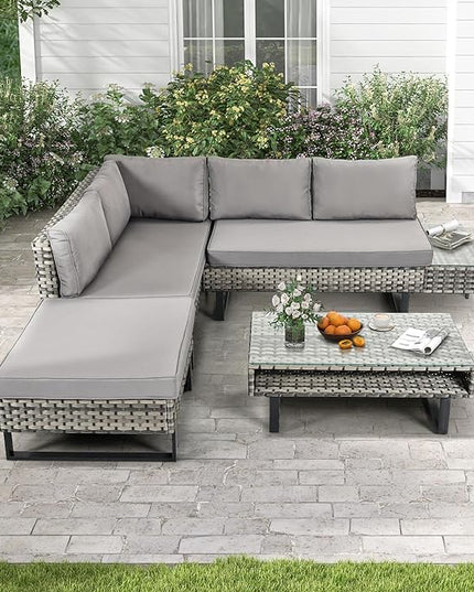 DWVO Patio Furniture Set, Sectional L-Shaped Sofa, for Patio Backyard Poolside Porch, Wicker Conversation Set with Coffee Table & Cushions, Detachable Lounger, All-Weather Rattan, Grey - LeafyLoom