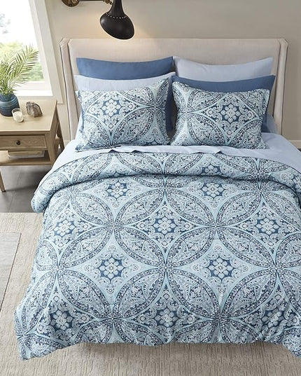 Comfort Spaces Bed in A Bag - Trendy Casual Design Cozy Comforter with Complete Sheet Set with Side Pocket, All Season Cover, Matching Shams, Full(80"x90"), Gloria, Damask Blue 9 Piece - LeafyLoom