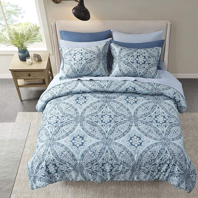 Comfort Spaces Bed in A Bag - Trendy Casual Design Cozy Comforter with Complete Sheet Set with Side Pocket, All Season Cover, Matching Shams, Full(80"x90"), Gloria, Damask Blue 9 Piece - LeafyLoom
