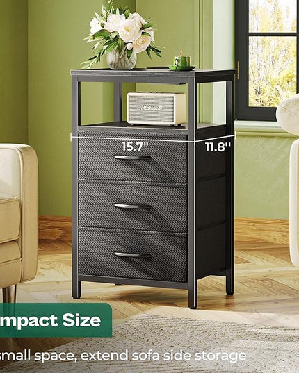 Nightstands Set of 2, 27.6 Inch End Tables with Charging Station, Side Tables with Fabric Drawers, Bedside Tables with USB Port and Outlet, Night Stands for Bedroom, Black - LeafyLoom