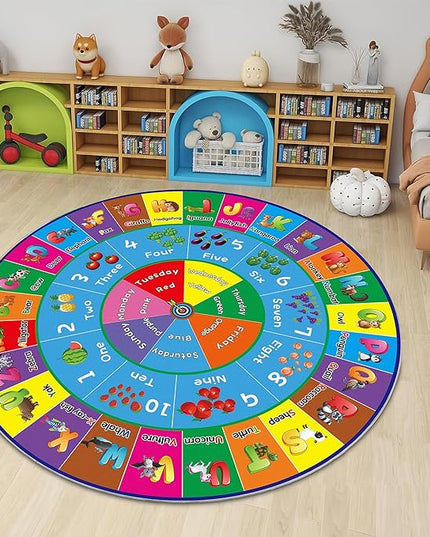 ABC Rug, ABC Play Mat for Kids Playroom, Round Alphabet Floor Mat,Classroom Elementary Preschool Rugs wtih ABC, Numbers, Animals - 47inch - LeafyLoom