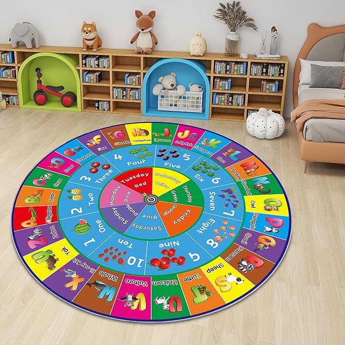 ABC Rug, ABC Play Mat for Kids Playroom, Round Alphabet Floor Mat,Classroom Elementary Preschool Rugs wtih ABC, Numbers, Animals - 47inch - LeafyLoom