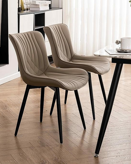 YOUTASTE Dining Chairs Set of 2 Upholstered Mid Century Modern Kitchen Dining Room Chairs Armless Faux Leather Accent Chairs Metal Vanity Lounge Chair with Back for Living Room Bedrooms,Khaki - LeafyLoom