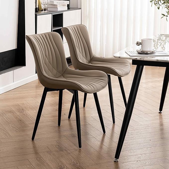 YOUTASTE Dining Chairs Set of 2 Upholstered Mid Century Modern Kitchen Dining Room Chairs Armless Faux Leather Accent Chairs Metal Vanity Lounge Chair with Back for Living Room Bedrooms,Khaki - LeafyLoom