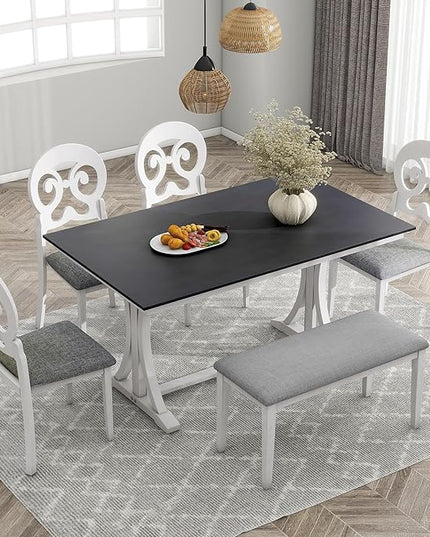 Mid-Century Trestle Victorian Round Upholstered 4 Chairs and Long Bench, Easy Assembly and Clean, Rubber Wood, Room, 6 Piece Dining Table Set, Antique White 1 - LeafyLoom