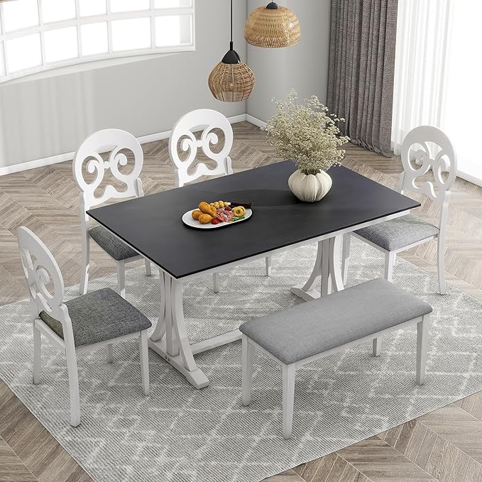 Dining Table Set for 6, Mid-Century 6-Piece Dining Room Table Set with Victorian Round Upholstered Dining Chairs and Long Bench, Kitchen Table Set for Living Room, Grey+Antique White - LeafyLoom