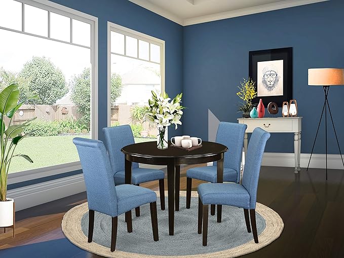 East West Furniture BOBA5-CAP-21 Boston 5 Piece Kitchen Set Includes a Round Dining Room Table and 4 Blue Color Linen Fabric Parsons Dinette Chairs, Cappuccino, 42x42 Inch - LeafyLoom