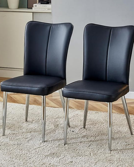 Modern Dining Chairs Set of 2, PU Leather Seat Cushions Black Dining Room Chair, with Silver Metal Legs Kitchen Chair for Home Living Room, Restaurant, Black Chair Silver Legs - LeafyLoom
