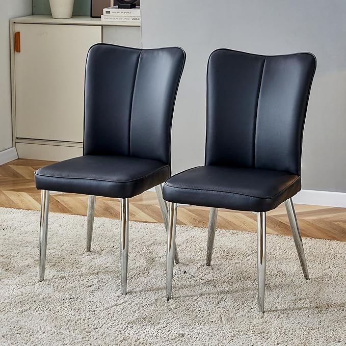 Modern Dining Chairs Set of 2, PU Leather Seat Cushions Black Dining Room Chair, with Silver Metal Legs Kitchen Chair for Home Living Room, Restaurant, Black Chair Silver Legs - LeafyLoom