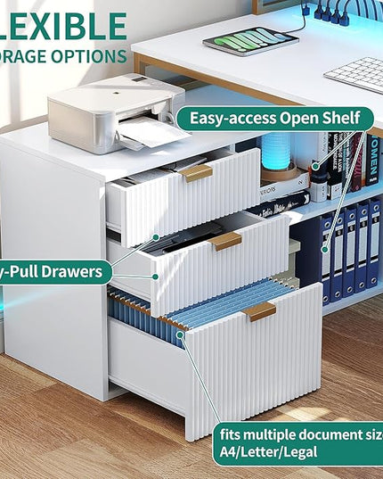 YITAHOME L Shaped Desk with Drawers, 55" Corner Computer Desk with Power Outlets & LED Lights, Large L-Shaped Office Desk with File Cabinet, White & Gold - LeafyLoom