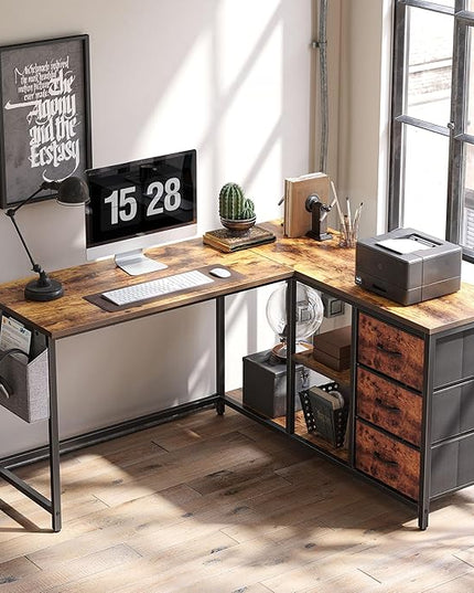 Treesland L Shaped Desk with Drawers, Computer Desk with Storage & Shelves, Corner Desk with Storage, Home Office Desks with Drawers, L Shape Desks with Storage, Brown - LeafyLoom