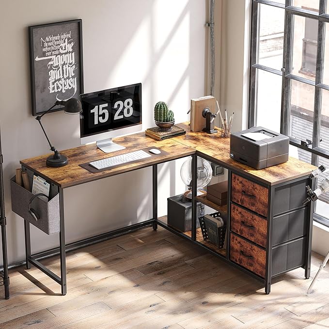 Treesland L Shaped Desk with Drawers, Computer Desk with Storage & Shelves, Corner Desk with Storage, Home Office Desks with Drawers, L Shape Desks with Storage, Brown - LeafyLoom