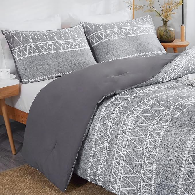 Boho Grey Stirped Comforter Set Twin for Kids Adult, 2 PCS Reversible Bedding Set Gray Comforter with 1 Pillow Sham, Lightweight Breathable for All Seasons(Twin,66x90inches) - LeafyLoom