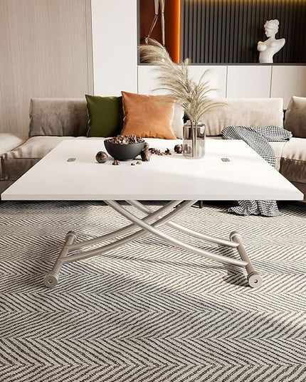 Height Adjustable Folding Dining Table Lift Top Coffee Table Converts to Dining Table with Sturdy Cross Metal Legs, Multi-Functional Space Saving Transform Table, White - LeafyLoom