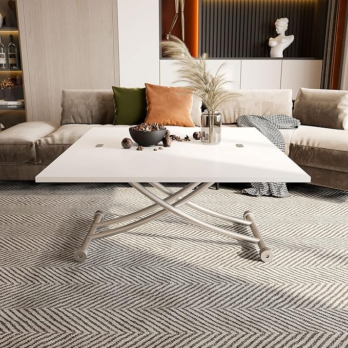 Height Adjustable Folding Dining Table Lift Top Coffee Table Converts to Dining Table with Sturdy Cross Metal Legs, Multi-Functional Space Saving Transform Table, White - LeafyLoom