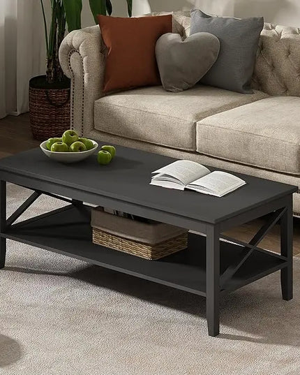 ChooChoo Oxford Coffee Table with Thicker Legs, Black Wood Coffee Table with Storage for Living Room, 47 inch - LeafyLoom