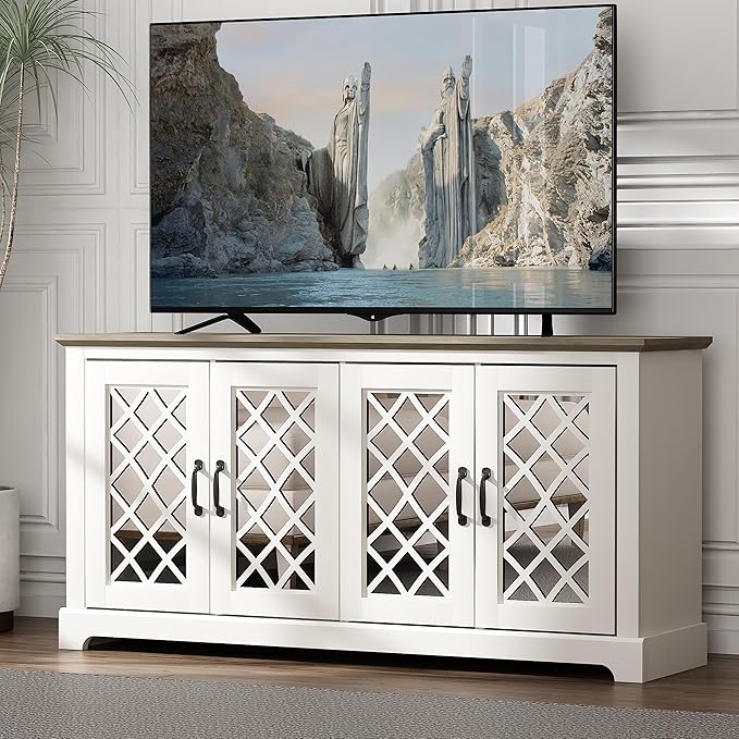 Galano Millicent TV Stand for 65+ Inch TV, 29" Tall Highboy Entertainment Center with Mirror Door, Rustic Media Console w/Storage Shelves, Wood Television Stand for Living Room, Ivory Knotty Grey Oak - LeafyLoom