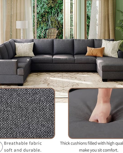 125.6" Large U-Shaped Sectional Sofa with Extra Wide Chaise Loung, Modern Oversized Modular Deep Seat Upholstered Couch for Home, Apartment, Living Room Furniture Set, Grey, 125.6 Inch - LeafyLoom