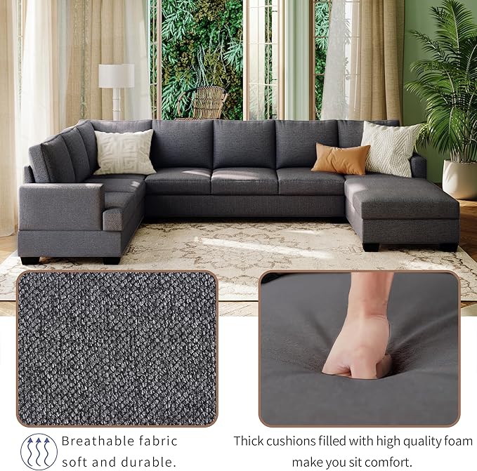 125.6" Large U-Shaped Sectional Sofa with Extra Wide Chaise Loung, Modern Oversized Modular Deep Seat Upholstered Couch for Home, Apartment, Living Room Furniture Set, Grey, 125.6 Inch - LeafyLoom