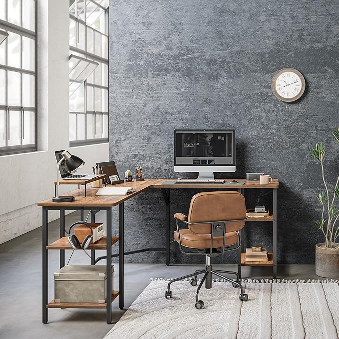 CubiCubi L Shaped Desk, 58.3 inch Computer Corner Desk with 2 Storage Shelves, Home Office Desk with Monitor Stand, Rustic Brown - LeafyLoom