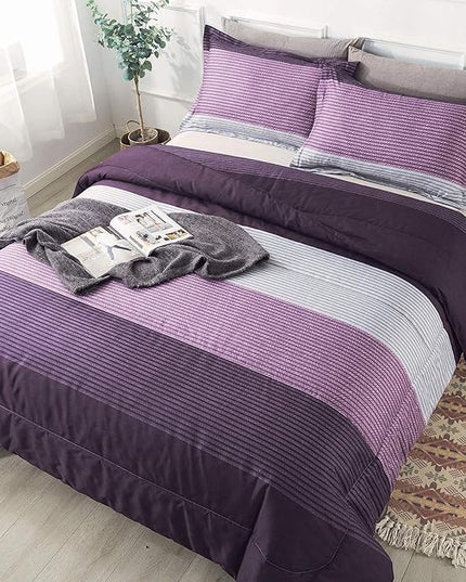 Andency Stripe Comforter Set Full Size (79x90 Inch), 3 Pieces Purple and Gray Patchwork Striped Comforter, Soft Microfiber Down Alternative Comforter Bedding Set with Corner Loops - LeafyLoom