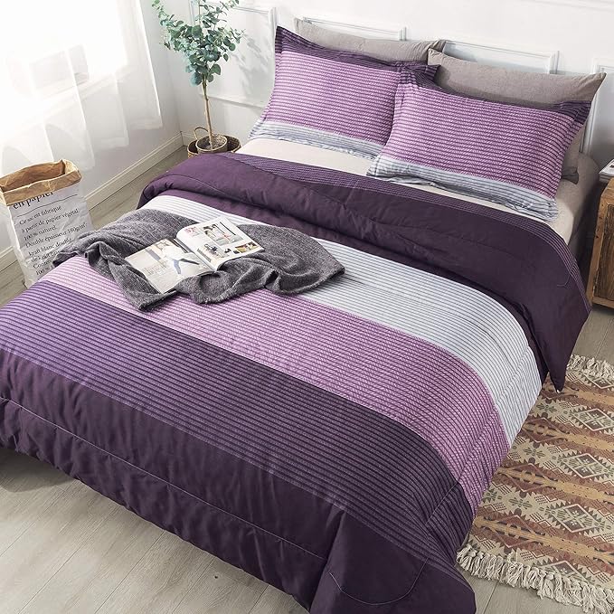 Andency Stripe Comforter Set Full Size (79x90 Inch), 3 Pieces Purple and Gray Patchwork Striped Comforter, Soft Microfiber Down Alternative Comforter Bedding Set with Corner Loops - LeafyLoom