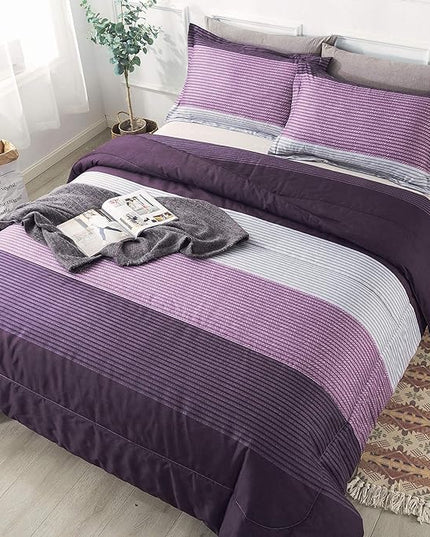 Andency Stripe Comforter Set Twin Size (66x90 Inch), 2 Pieces Purple and Gray Patchwork Striped Comforter, Soft Microfiber Down Alternative Comforter Bedding Set with Corner Loops - LeafyLoom