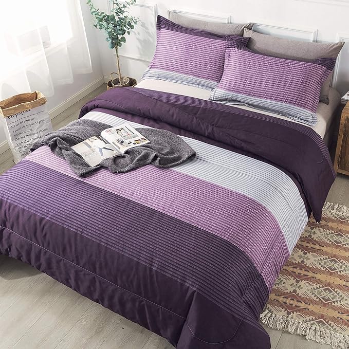 Andency Stripe Comforter Set Queen Size (90x90 Inch), 3 Pieces Purple and Gray Patchwork Striped Comforter, Soft Microfiber Down Alternative Comforter Bedding Set with Corner Loops - LeafyLoom