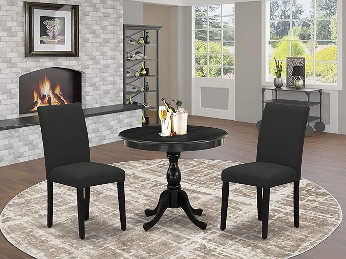 East West Furniture AMAB3-ABK-24 Antique 3 Piece Modern Dining Set Contains a Round Kitchen Table with Pedestal and 2 Black Color Linen Fabric Upholstered Chairs, 36x36 Inch - LeafyLoom