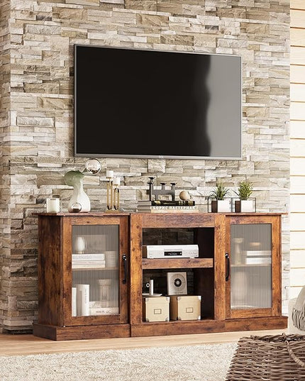 WLIVE TV Stand for 65 Inch TV, Retro Entertainment Center with Glass Cabinet Doors, 58" TV Stands for Living Room and Bedroom, Vintage Television Console, Rustic Brown - LeafyLoom