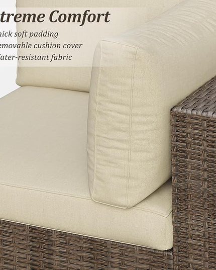 SUNVIVI OUTDOOR 7 Piece Patio Sectional Sofa Outdoor All Weather Brown PE Wicker Furniture Set, Paito Conversation Sofa Set with Glass Table, Removable Beige Cushions - LeafyLoom