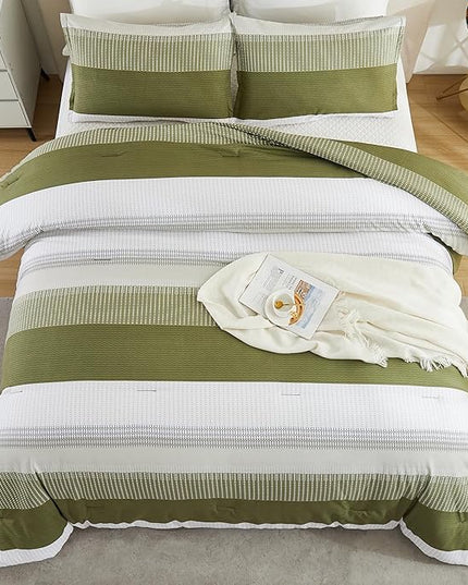 Litanika Olive Green Comforter Set King - 3 Pieces Lightweight Olive Green White Colorblock Stripe Fluffy Bedding Comforter Sets, All Season Bed Set - LeafyLoom