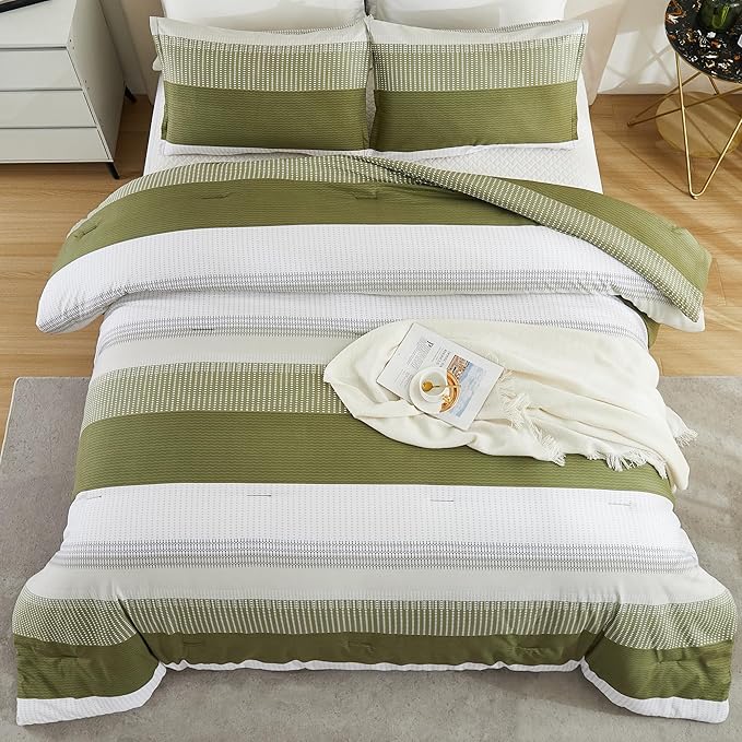 Litanika Olive Green Comforter Set King - 3 Pieces Lightweight Olive Green White Colorblock Stripe Fluffy Bedding Comforter Sets, All Season Bed Set - LeafyLoom
