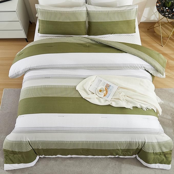 Litanika Olive Green Comforter Set Full - 3 Pieces Lightweight Olive Green White Colorblock Stripe Fluffy Bedding Comforter Sets, All Season Bed Set - LeafyLoom