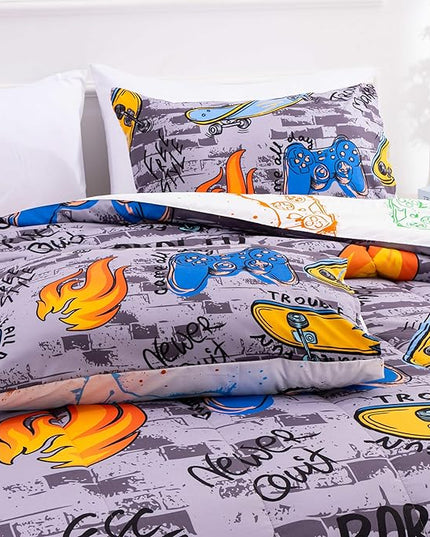 Btargot Gaming Stone Pattern Comforter Set for Boys Girls Kids, 3 Pieces Reversible Skateboard Game Console Flame Painting Bedding Set, Grey Twin - LeafyLoom