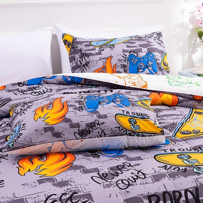 Btargot Gaming Stone Pattern Comforter Set for Boys Girls Kids, 3 Pieces Reversible Skateboard Game Console Flame Painting Bedding Set, Grey Full - LeafyLoom