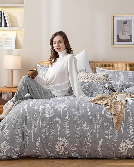 JANZAA Full Size Comforter Sets Grey Comforter Set Floral Bedding Set Microfiber Comforter Set with 2 Pillow Cases for All Season Cozy and Comfortable 3 Pieces - LeafyLoom