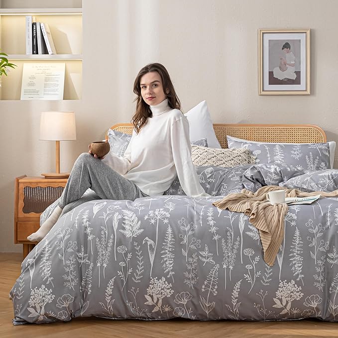 JANZAA Full Size Comforter Sets Grey Comforter Set Floral Bedding Set Microfiber Comforter Set with 2 Pillow Cases for All Season Cozy and Comfortable 3 Pieces - LeafyLoom