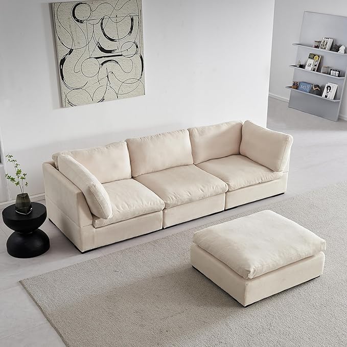 Cloud Modular Sectional Sofa, Comfort 60% Down Filled L Shaped Sleeper Sofa Couch Bed with Movable Ottoman for Living Room, Minimalist Wide Deep Seat Convertible Corner Sofa&Couches for Office - LeafyLoom