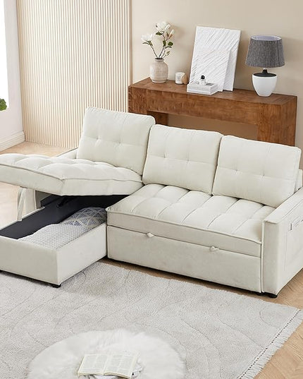 Chenille Convertible Sleeper Sectional Sofa with Reversible Storage Chaise and Pull Out Couch Bed , L Shaped Corner Sofabed with USB and tape-c Charging Ports for Living Room Office Small Places - LeafyLoom