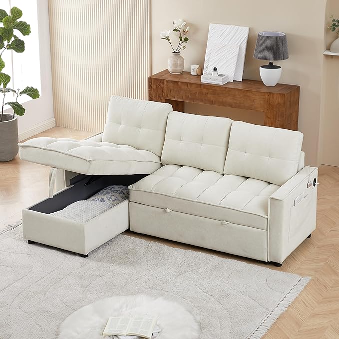 Chenille Convertible Sleeper Sectional Sofa with Reversible Storage Chaise and Pull Out Couch Bed , L Shaped Corner Sofabed with USB and tape-c Charging Ports for Living Room Office Small Places - LeafyLoom