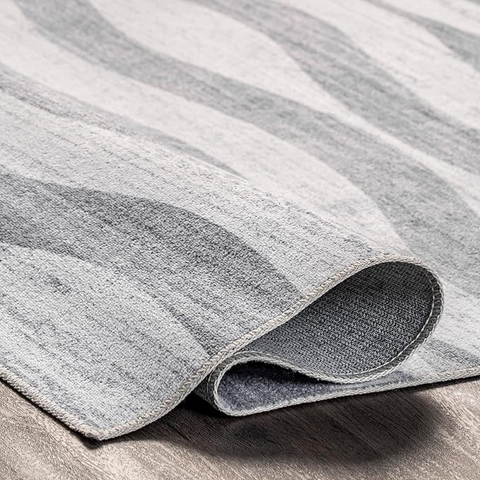 nuLOOM Kami Abstract Curves Machine Washable Ultra Thin Area Rug, 3' x 5', Light Grey - LeafyLoom