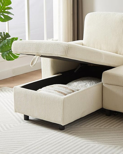 3 Seater Reversible Sleeper Sectional Sofa Bed with Storage Chaise Lounge and Cupholders, Corduroy Upholstered Convertible Sofabed Corner Couch,L Shaped Sofá for Living Room Office, Beige 78.5" - LeafyLoom