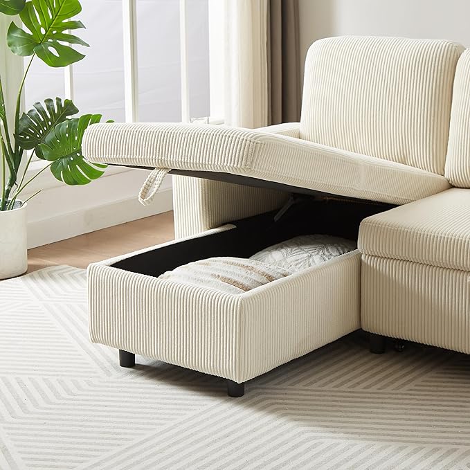 3 Seater Reversible Sleeper Sectional Sofa Bed with Storage Chaise Lounge and Cupholders, Corduroy Upholstered Convertible Sofabed Corner Couch,L Shaped Sofá for Living Room Office, Beige 78.5" - LeafyLoom