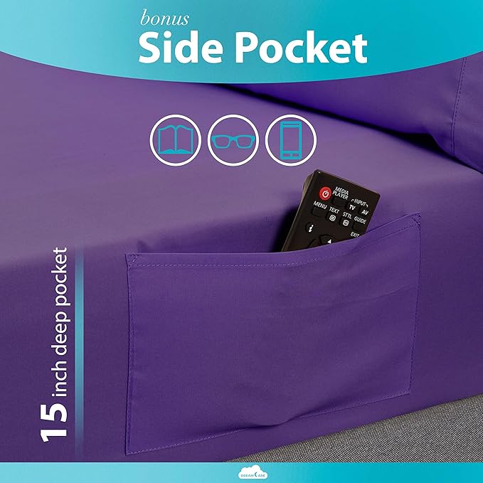 DREAMCARE Full Size Sheets - Cooling Bed Sheets - 4pcs Set - up to 15" Deep Pocket Full Sheet Set - Sheets Full Size Bed - Soft & Long Lasting 100% Fine Brushed Polyester with Side Pocket - Purple - LeafyLoom