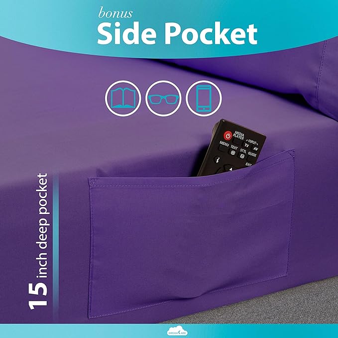 DREAMCARE California King Sheet Sets - Cooling Bed Sheets - 4pcs Set - up to 15" Deep Pocket Cal King Sheets - California King Sheets - Soft & Lasting 100% Brushed Polyester with Side Pocket - Purple - LeafyLoom