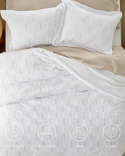 Bedsure King Size Comforter Set White, Boho Tufted Bedding Comforter Set, Checkered Farmhouse Shabby Chic Bed Set, 3 Pieces, 1 Plaid Geometric Comforter and 2 Pillow Shams - LeafyLoom